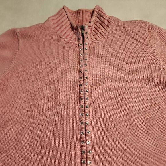 Quacker Factory Pink Zip Front Cardigan Rhinestone Embellished Denim Pockets Siz - Picture 5 of 9